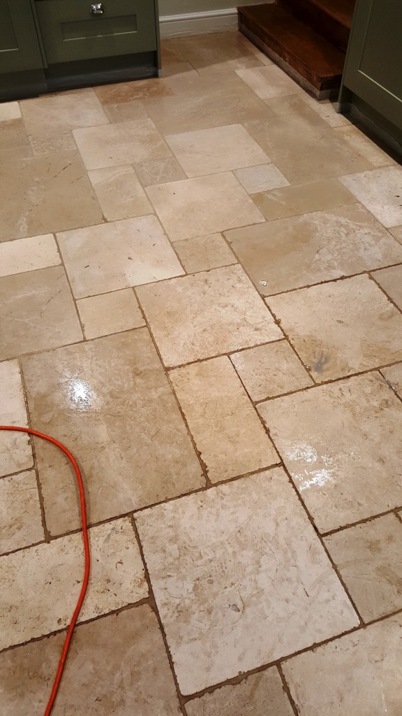 Travertine Kitchen Floor During Cleaning Lincoln