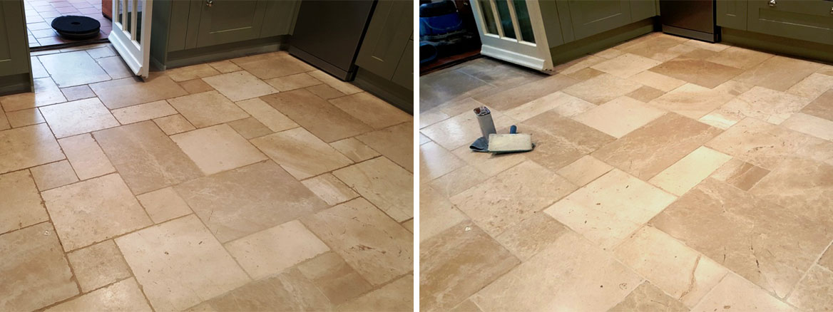 Travertine Kitchen Floor Before and After Cleaning and Sealing Lincoln